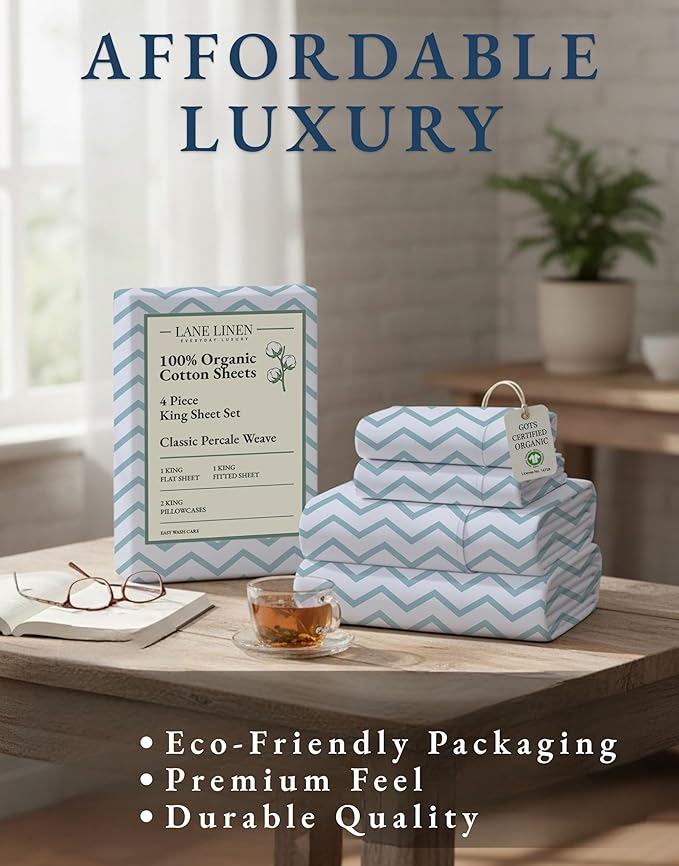 LANE LINEN 100% Organic Cotton Printed King Sheets, Soft & Comfy Percale Sheets Naturally Temperature Regulating Mercerized Cotton Fully Elasticized Printed King Bedding Set-Chevron