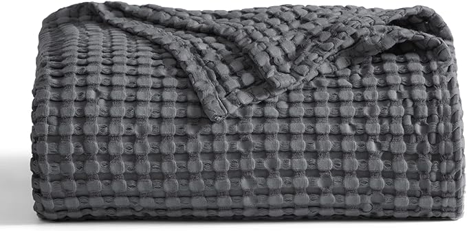 Bedsure Cooling Cotton Waffle Weave Blanket - Lightweight Breathable Blanket of Rayon Derived from Bamboo for Hot Sleepers, Luxury Throws for Bed, Couch and Sofa, Dark Grey, 50x70 Inches