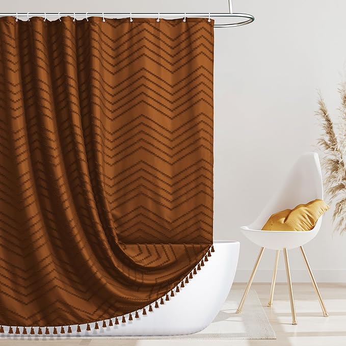 Boho Extra Long Pumpkin Orange Shower Curtain with Tassel, Woven Fabric, Tufted Chevron Striped, 72 x 78, Modern Chic Textured Minimalist Bathroom Shower Curtain