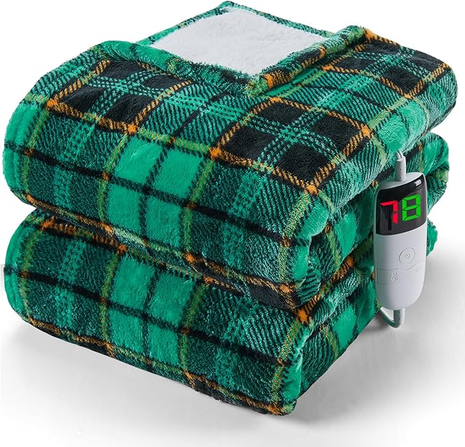 Green Heated Blanket Electric Throw 50X60, Heating Blanket for Couch, Plaid Sherpa Winter Blankets Warmer, 10 Levels & 8-Hour Auto Off, Fast Heated House Warming Gifts New Home Christmas Decor for Mom