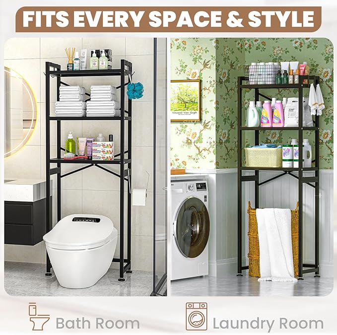 ZZL Over The Toilet Storage,3-Tier,Bathroom Toilet Organizer,Multifunctional Space Saver Freestanding Bathroom Shelves with 4 Hooks,Black