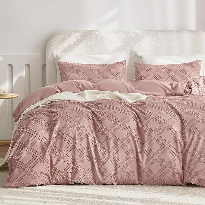 JELLYMONI Duvet Cover Queen Size Smokey Pink - 3PCS Boho Duvet Cover Set Plaid Polyester Tufted Bohemian Jacquard Knit Textured Comforter Cover 90×90in Rhombic Geometric Pattern Zipper Corner Tie
