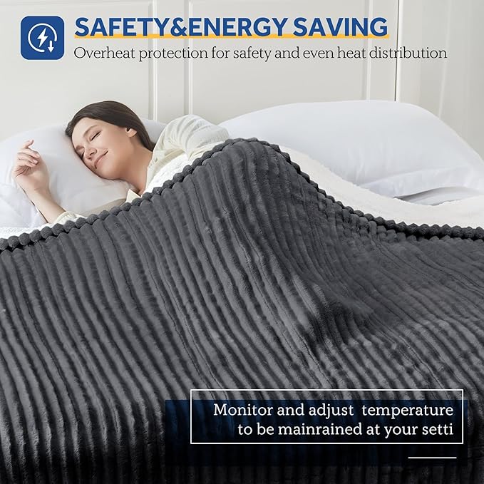 Sealy Electric Blanket Queen Size, Soft Ribbed Flannel to Sherpa Reversible Heated Blanket with Dual Control 10 Heat Settings & 1 to 12 Hours Auto-Off 84"x90" Machine Washable, Charcoal