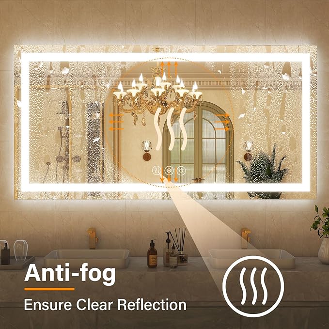GLSLAND LED Bathroom Mirror - 55"x30" Anti-Fog Lighted Wall Mirrors with Memory Function, Dimmable, Frontlit & Backlit, Horizontally/Vertically, Tempered Glass