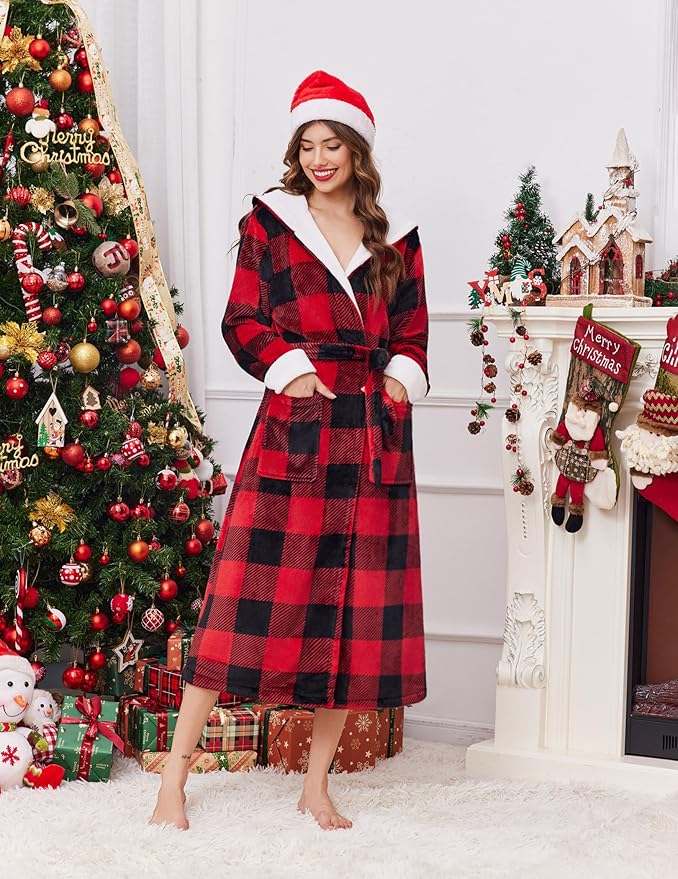 Ekouaer Womens Plush Robes Long Soft Jacquard Fluffy Bathrobe Hooded Robe Sleepwear with Pockets