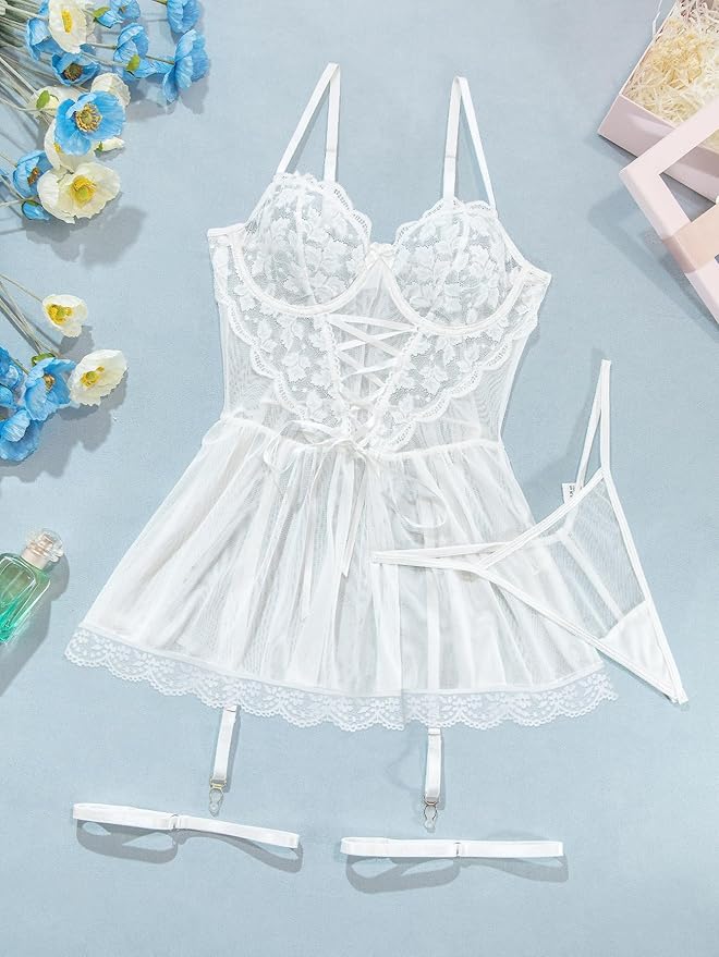 Lilosy Sexy Garter Belt Mesh Lace Babydoll Lingerie Dress Set with Thong