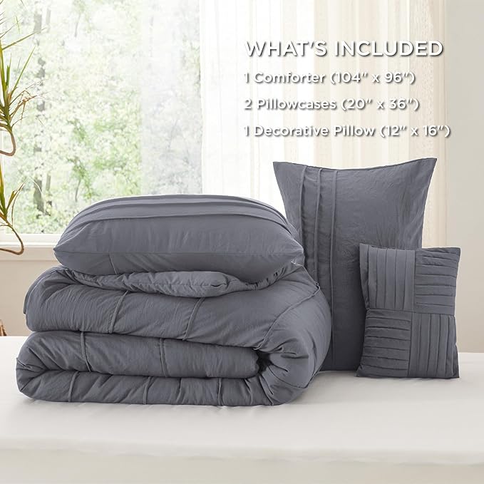 Bedsure California King Comforter Set - 4 Pieces Pinch Pleat Bed Set, Dark Grey Boho Bedding for All Season, 1 Soft Comforter, 2 Pillowcases, 1 Decorative Pillow