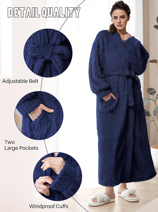 Artfasion Womens Long Fleece Robe - Warm Soft Floor Length Flannel Bathrobes for Winter Thicker Long House Coat with Pockets