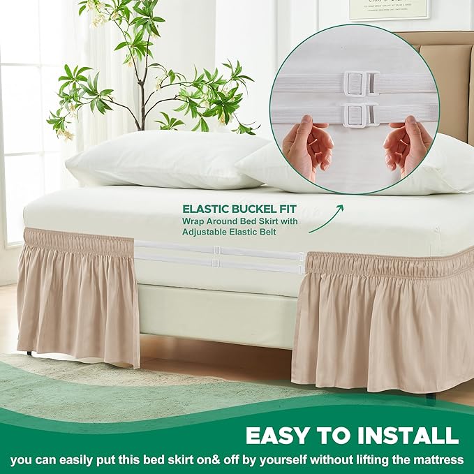 Biscaynebay Wrap Around Bed Skirts for King & Cal King Beds 14" Drop, Sand Adjustable Elastic Dust Ruffles Easy Fit Wrinkle Resistant Silky Luxurious Fabric Machine Washable
