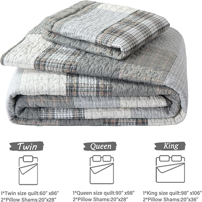 Y-PLWOMEN Quilts Queen Size - 100% Cotton Grey Queen Quilt Farmhouse Plaid Quilted Bedspread, 3 Pieces Lightweight Reversible Queen Size Quilt Bedding Set for All Season