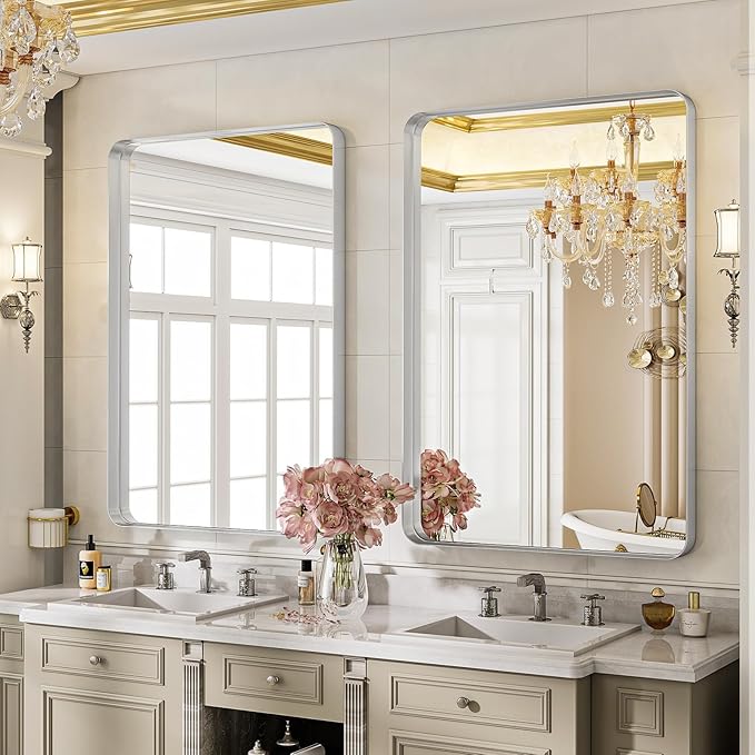 VooBang Bathroom Mirror 24x32 inch, Silver Gorgeous Deep Frame Wall Mirror, Modern Round Corner Bathroom Vanity Mirror for Bedroom, Living Room, Hanging or Leaning Horizontal or Vertical, Silver