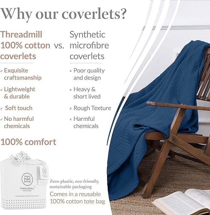 Threadmill Luxury Cotton Blankets for King Size Bed | All-Season Cozy 100% Cotton King Size Blanket | Aster Soft & Lightweight Coverlet fits California King Size Bed, 104x92 | Folkstone Blue