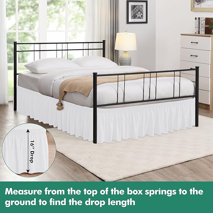 Biscaynebay Wrap Around Bed Skirts with Split Corners for Full Beds 16" Drop, White Elastic Dust Ruffles Adjustable Easy Fit Wrinkle & Fade Resistant Silky Luxurious Fabric Machine Washable
