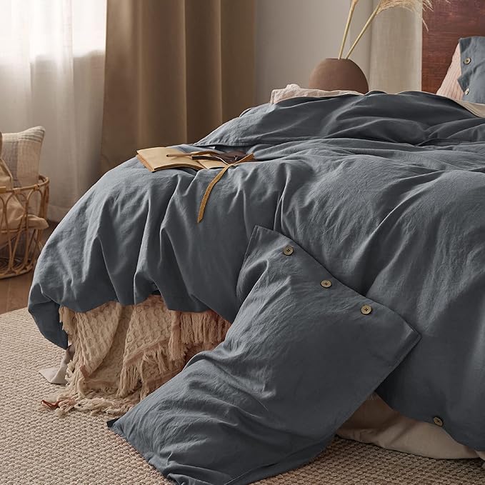 Bedsure Linen Duvet Cover King Size - Linen Cotton Blend Bedding Set, Soft & Cozy, 3 Pieces, 1 Duvet Cover 104x90 and 2 Pillowcases, Charcoal Grey Color Cooling Bedding, Comforter Sold Separately