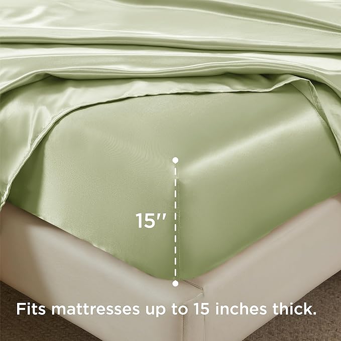 Bedsure Satin Sheets Full Size - 4 Piece Silky Bedsheets with 15 Inches Deep Pocket Fitted Bedsheet,1 Flat Sheet, 2 Satin Pillowcases, Good for Hair & Skin (Full, Sage Green)