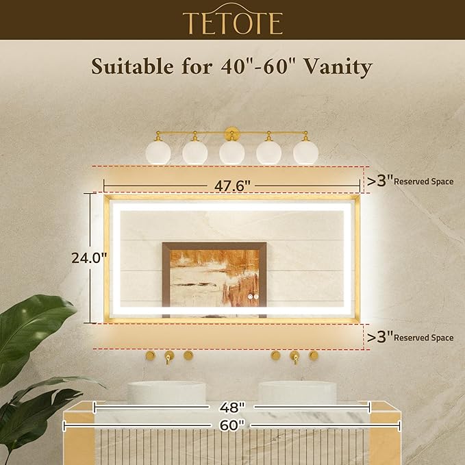 TETOTE 48 x 24 Bathroom LED Mirror Brushed Gold Metal Frame Frontlit & Backlit Vanity Mirror Stepless Dimmable Anti-Fog 3 Colors White/Warm/Natural Light up Vanity Wall-Mounted