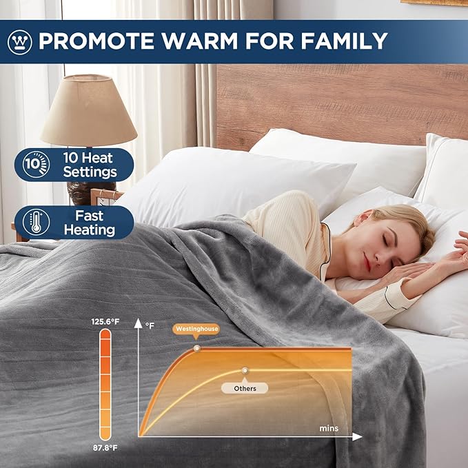 Westinghouse Electric Blanket Full Size, Super Cozy Soft Flannel 80"" x 84"" Heated Blanket with 10 Fast Heating Levels & 1-12 Auto-Off, Machine Washable, ETL&FCC Certification, Light Grey