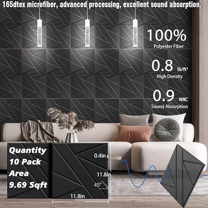 【10 Pack】 Acoustic Panels Self-Adhesive (0.4" Thick | 0.8lb/ft³ Medium Density) - 12x12 Soundproof Foam Tiles for Home Office/Wall Sound Absorption, Noise Reduction Panels Studio Use - Black