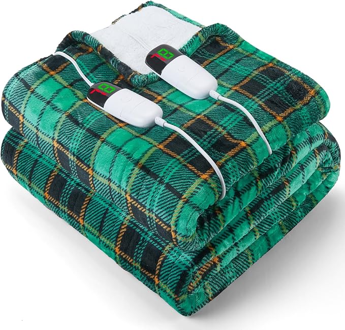 Electric Heated Blanket King Size, 90X100 Christmas Blanket with Dual Control&10 Heats Levels&Timer for Bed,Large Green Plaid Soft Sherpa Heating Blankets Warmer Gifts for Grandma Women Adults