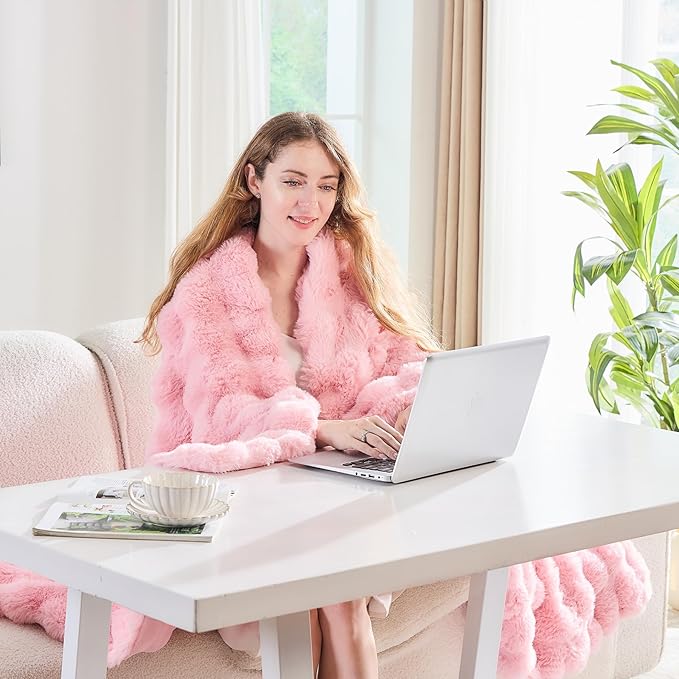 Pink Faux Fur Throw Blanket Soft Plush Fluffy Bubble Texture Cozy Blanket for Couch Bed Sofa Warm Thick Luxury Home Decor Gift for Women Mom Girlfriend (Throw Size 50''x60'', Pink)