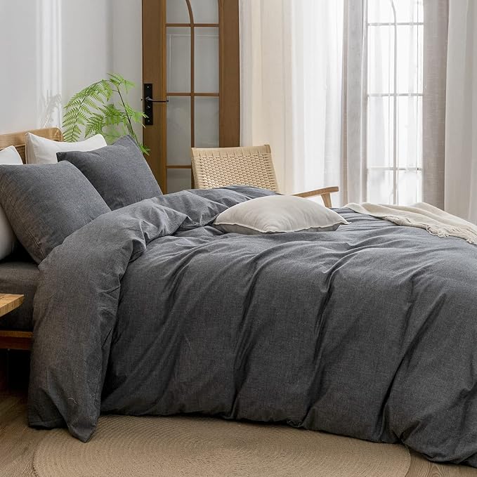 BESTOUCH Duvet Cover Set 100% Washed Cotton Linen Feel Super Soft Comfortable Chic Lightweight 2 PCs Home Bedding Set Solid Dark Black Twin/Twin XL