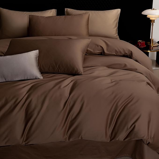 MooMee Duvet Cover Set 100% Extra Long Staple Cotton 600 Thread Count Silky Sateen Smooth Luxury Soft Breathable Durable Hotel Quality Bedding, 3 Pieces (Chocolate Brown, Oversized Queen 98"x98")