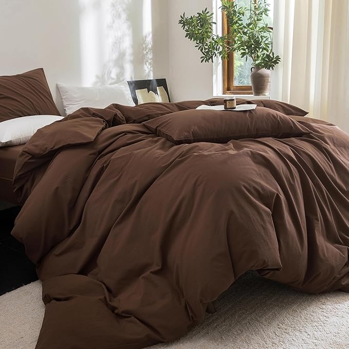 FOSSA Duvet Cover Set 100% Washed Cotton Linen Feel Super Soft Breathable Cozy 3 Pieces Bedding Sets Solid Cocoa Brown Queen