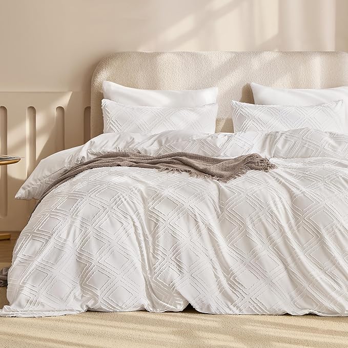 JELLYMONI Duvet Cover King Size White - 3PCS Boho Duvet Cover Set Plaid Polyester Tufted Bohemian Jacquard Knit Textured Comforter Cover 104×90in Rhombic Geometric Pattern Zipper Corner Tie