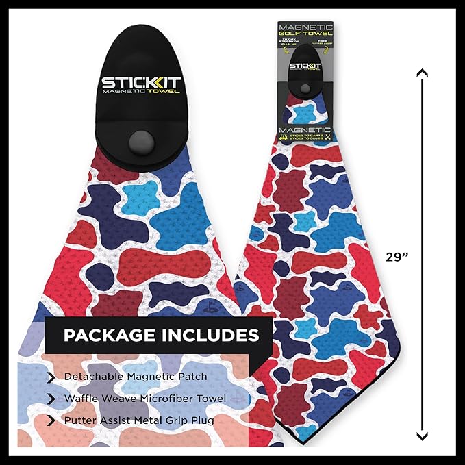 STICKIT Magnetic Golf Towel, Patriotic Camo | Top-Tier Microfiber Golf Towel with Deep Waffle Pockets | Industrial Strength Magnet for Strong Hold to Golf Carts or Clubs | Red, White and Blue Camo