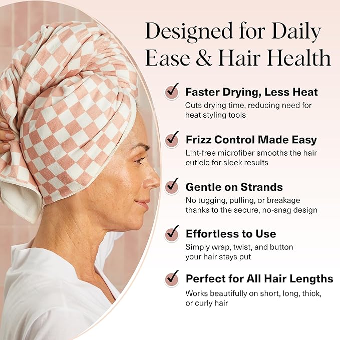 Kitsch XL Microfiber Hair Towel Wrap for Women – Ultra Absorbent Microfiber Towel for Wet, Curly, Long or Short Hair – Quick Dry, Anti-Frizz Hair Wrap – Terracotta Checkered, 40x24 inches