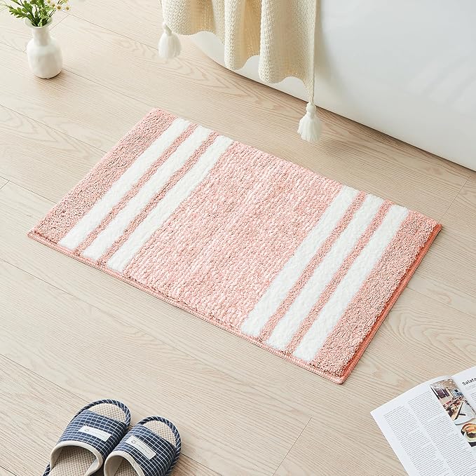 CozeCube Bath mats for Bathroom Non Slip, Fluffy Absorbent Microfiber Bath mat Washable, Aesthetic Bathroom Rugs, Large Blossom Pink Striped Bath mat, Blossom Pink, 36" x 24"