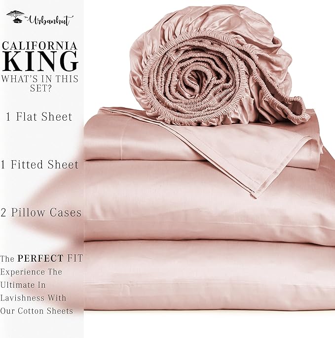 URBANHUT 1000 Thread Count Egyptian Cotton California King Sheet Set, Hotel-Style Luxury Bedsheets, Fits up to 16" Deep Pocket Mattress, 4 Pc Soft & Breathable, Sateen Weave - Blush Pink