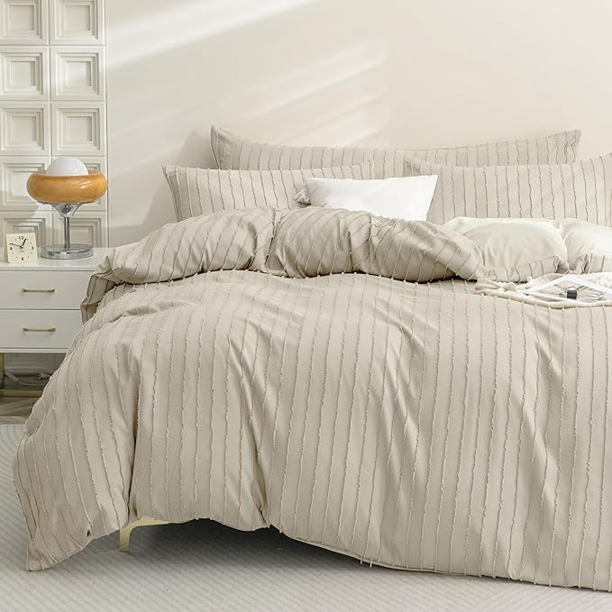 JELLYMONI Duvet Cover Full Size Light Khaki - 3PCS Boho Striped Duvet Cover Set Polyester Tufted Bohemian Textured Comforter Cover with Corner Ties & Zipper Closure