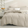 JELLYMONI Duvet Cover Full Size Light Khaki - 3PCS Boho Striped Duvet Cover Set Polyester Tufted Bohemian Textured Comforter Cover with Corner Ties & Zipper Closure
