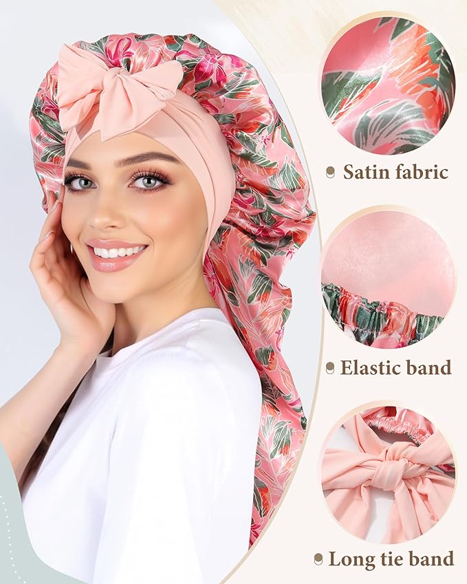 AWAYTR Long Satin Bonnet for Sleeping, Reversible Double Layer Hair Bonnet with Elastic Tie Band (Floral Print+Peach Pink)