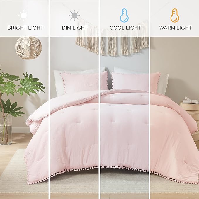 Codi Blush Pink King Comforter Set - Boho Chic Bedding with Elegant Pom Fringe, Soft Washed Microfiber 3pc Luxury Set, Lightweight & Breathable for Master Bedroom, 1 Comforter & 2 Pillow Shams