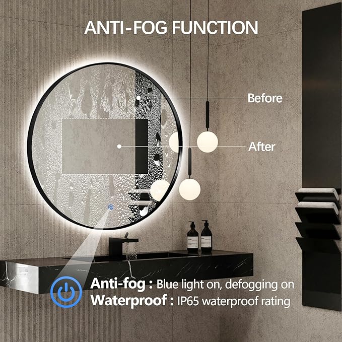 Niccy 32" LED Backlit Round Mirror for Bathroom, Black Framed Vanity Light Wall Mirror LED Smart Circle Mirrors with 3 Lighting Colors, Dimmable Lighted Mirror with Anti-Fog, IP65 Waterproof