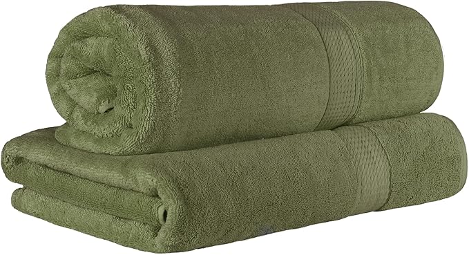 Superior Egyptian Cotton Pile Bath Sheet Set of 2, Ultra Soft Luxury Towels, Thick Plush Essentials, Absorbent Heavyweight, Guest Bath, Hotel, Spa, Home Bathroom, Shower Basics, Forest Green