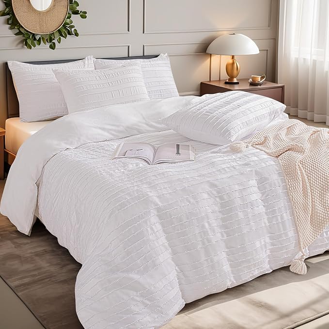 NEXHOME PRO Duvet Cover Full Size, White 3 Pieces Boho Tufted Duvet Cover Set, Soft and Lightweight Microfiber Comforter Cover Set for All Season (White Full, 80 x 90)-No Comforter