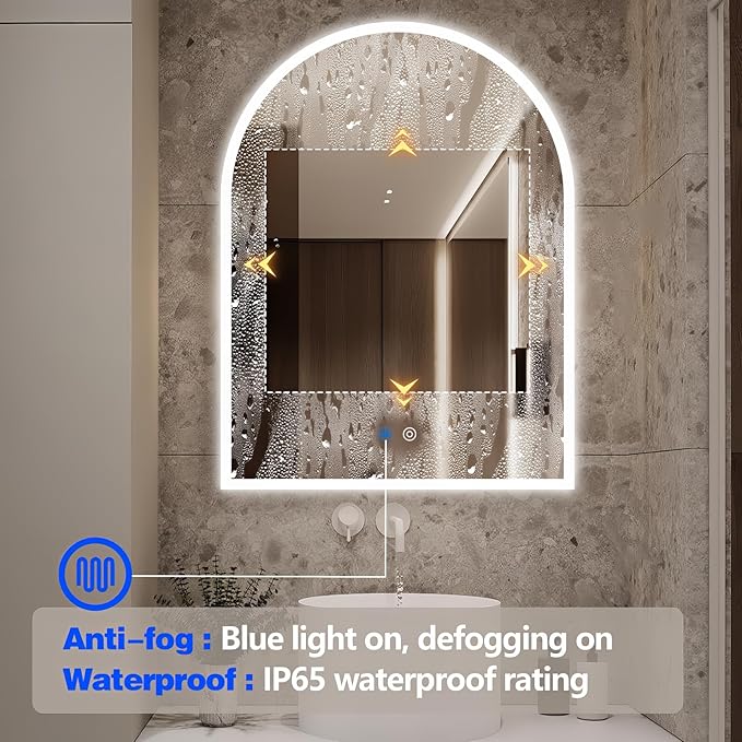 Niccy Arched LED Bathroom Mirror, 48"x30" Arch Frameless Frontlit & Backlit Mirrors for Wall, Arched Lighted Vanity Mirrors with Memory Function for Bathroom Bedroom, Defogger 3 Color, Explosion-Proof