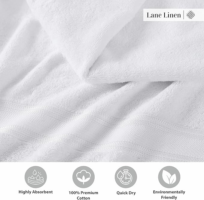 LANE LINEN Towel Set of 18 – Premium 100% Cotton, Zero Twist, 6 Large Bath Towel, 6 Hand Towels & 6 Wash Cloths, Quick Dry & Long-Lasting, Perfect for Family Bathrooms, Easy Care – White Towels
