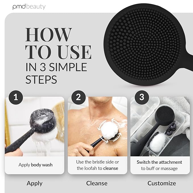 PMD Clean Body - Smart Body Cleansing Device with Silicone Brush & Three Interchangeable Attachments - Waterproof - SonicGlow Vibration - Cleanse, Exfoliate, & Massage Body