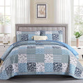 Mybedsoul Navy Blue Quilt Set Queen Size, 3 Pieces Plaid Floral Bedspread Set Patchwork Reversible Bedding Set Microfiber Lightweight Bedspread Coverlet Set for All Season 96"x90"