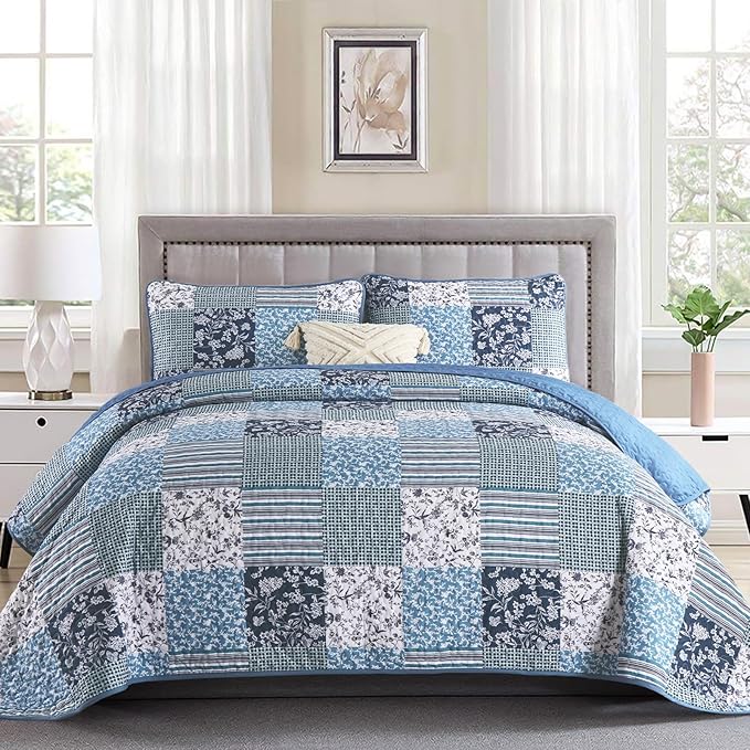 Mybedsoul Navy Blue Quilt Set King Size, 3 Pieces Plaid Floral Bedspread Set Patchwork Reversible Bedding Set Microfiber Lightweight Bedspread Coverlet Set for All Season 110"x90"