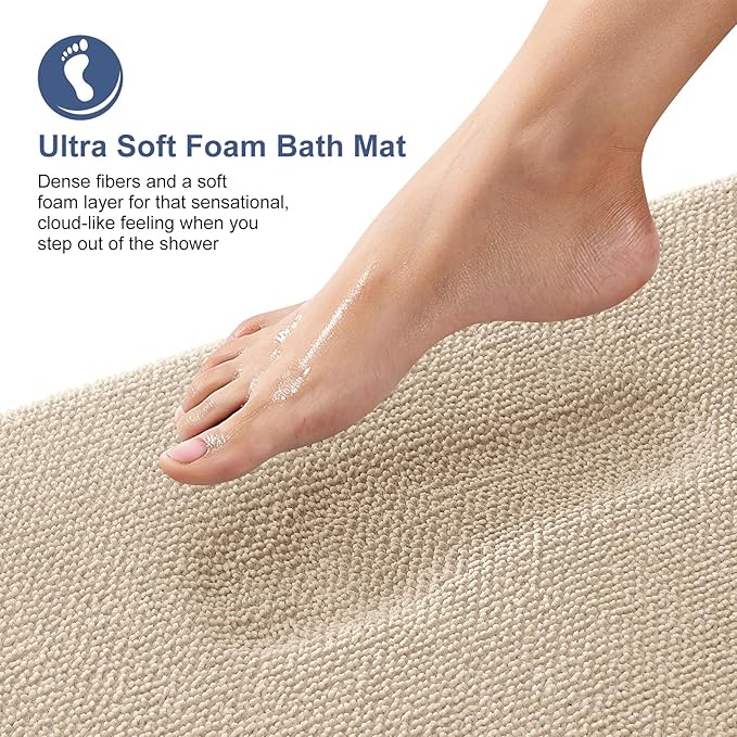 OLANLY Thick Memory Foam Bath Mat Rug 34x21, Extra Soft Absorbent Bathroom Rug, Quick Dry Bath Mats, Non-Slip, Machine Washable Carpet for Bathroom, Tub and Shower, Home Decor Accessories, Beige
