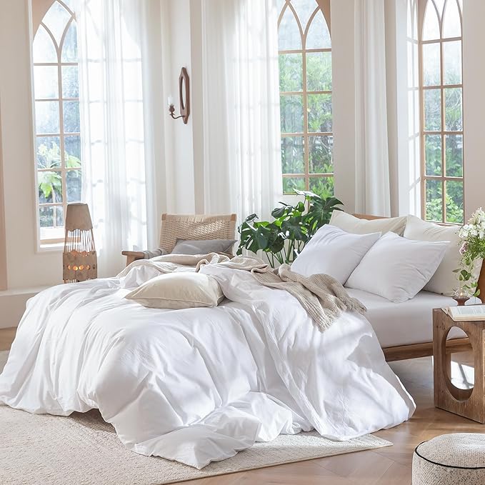 MooMee Bedding Duvet Cover Set 100% Washed Cotton Linen Like Textured Breathable Durable Soft Comfy (Solid Bright White, Twin 68"x90")