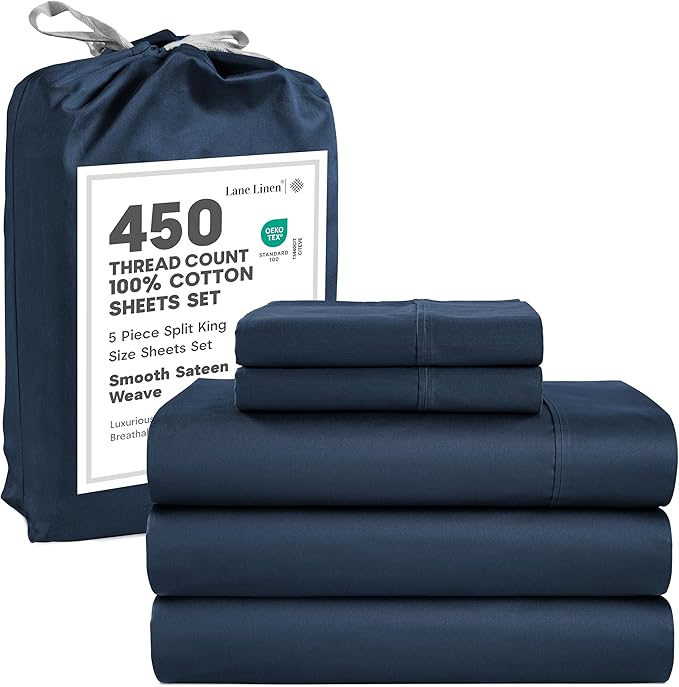 LANE LINEN Split Top King Sheets Sets for Adjustable Bed – 450 Thread Count 100% Cotton, Soft & Cooling Sateen Weave, 15” Deep Pocket Fully Elasticized Fitted Sheet, Premium Bedding, Estate Blue