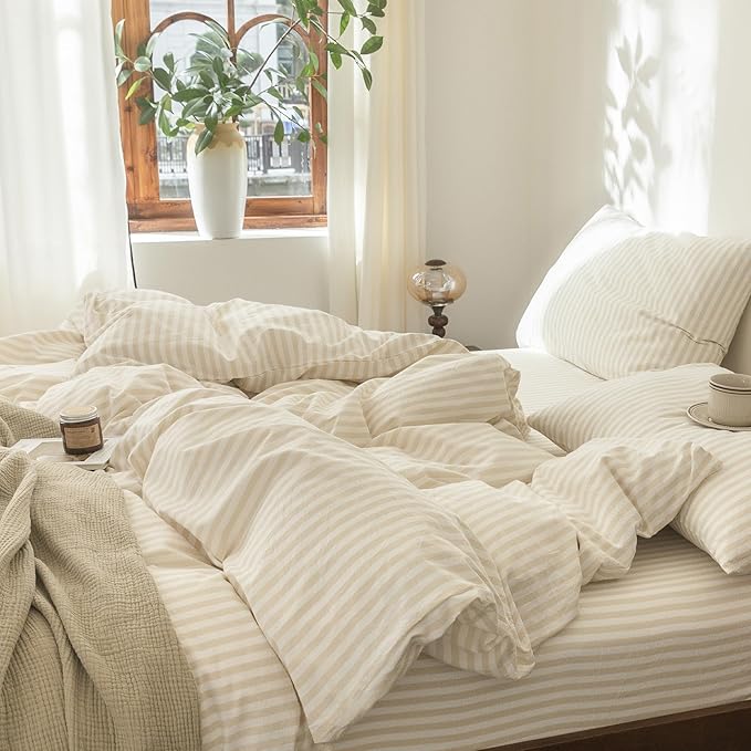FOSSA Striped Duvet Cover Set 100% Washed Cotton Linen Feel Super Soft Breathable Cozy 3 Pieces Bedding Sets Almond Milk Grey Classic Stripes King
