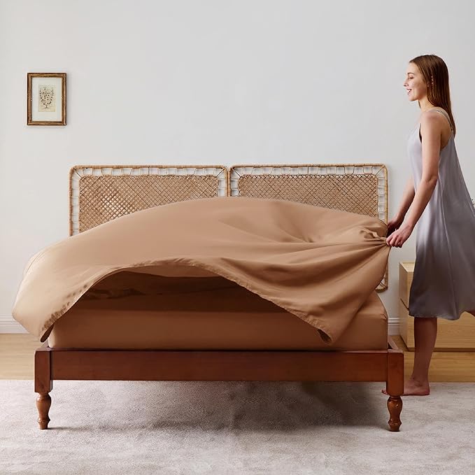 Bedsure King Size Sheets Set, Cooling Sheets for Hot Sleepers, Rayon Derived from Bamboo, Breathable & Soft, Deep Pocket Up to 16 Inches, Hotel Luxury Silky Bedding, Khaki