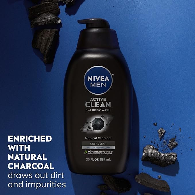 NIVEA Men Active Clean Body Wash with Natural Charcoal for Normal to Oily Skin, 3-in-1 Charcoal Body Wash, Face and Hair, Draws Out Dirt and Impurities, 30 Fl Oz Bottle